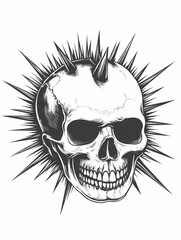 Obraz premium Tattoo Design of human skull with a bold spiked mohawk, embodying punk rock style and rebellious attitude sketch engraving,raster illustration