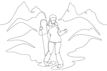 Continuous one line drawing beautiful woman with snowboard.Female snowboarder character posing.Mountain landscape. One continuous line isolated minimal illustration.