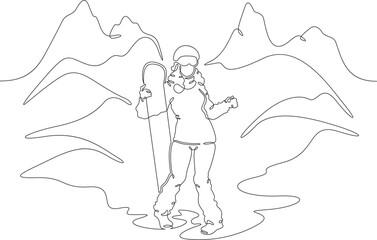 Continuous one line drawing beautiful woman with snowboard.Female snowboarder character posing.Mountain landscape. One continuous line isolated minimal illustration.