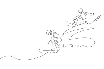 Continuous one line drawing women's snowboard race. Snowboarders descending a snowy slope. Mountain landscape. One continuous line isolated minimal illustration.
