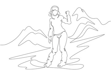 Continuous one line drawing beautiful woman with snowboard.Female snowboarder character posing.Mountain landscape. One continuous line isolated minimal illustration.