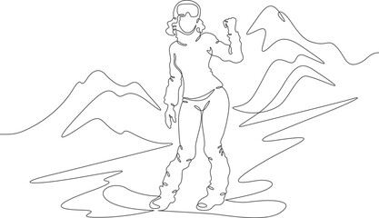 Continuous one line drawing beautiful woman with snowboard.Female snowboarder character posing.Mountain landscape. One continuous line isolated minimal illustration.