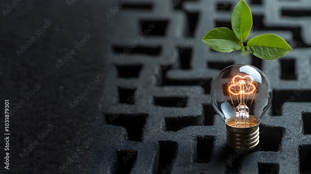 Poster a single light bulb illuminating a complex maze symbolizing the power of innovation creativity and p