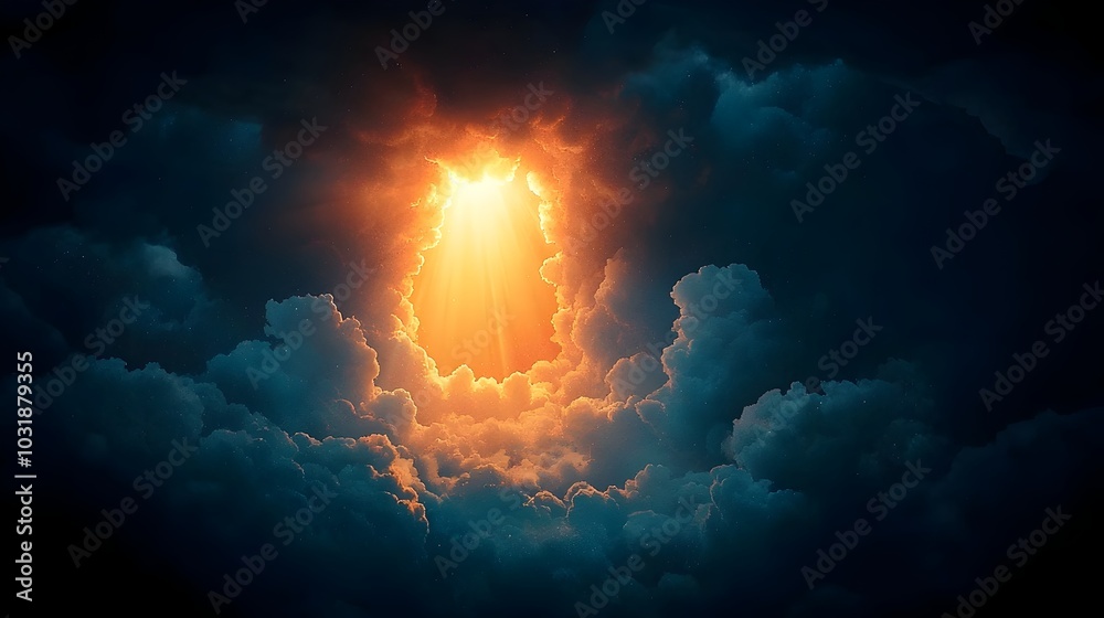 Poster A single ray of sunlight dramatically pierces through the dark ominous clouds creating a powerful contrast and symbolizing a glimmer of the potential for transformation amid the shadows