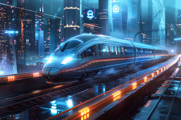 Fototapeta premium Modern high-speed train in fast motion passes through railway stations