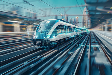 Fototapeta premium Modern high-speed train in fast motion passes through railway stations