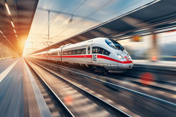 Naklejka premium Modern high-speed train in fast motion passes through railway stations