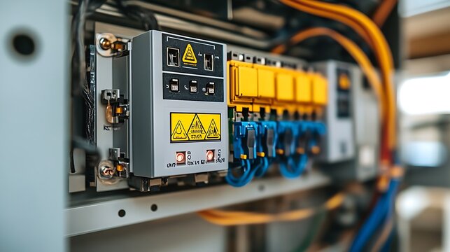 A detailed shot of electrical safety switches with warning labels inside a factory power distribution panel. 
