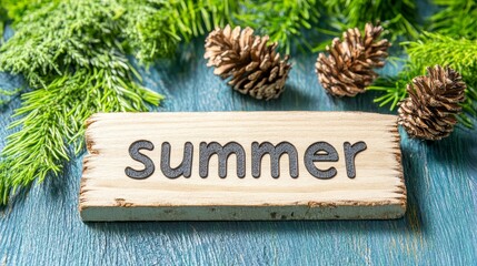Wooden Summer Sign with Pine Cones, Evergreen Branches, Holiday Concept on Blue Wood Background.