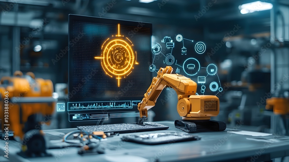 Fototapete Advanced smart factory with Internet of Things IoT sensors attached to heavy industrial machinery enabling real time monitoring predictive maintenance and optimized production workflows