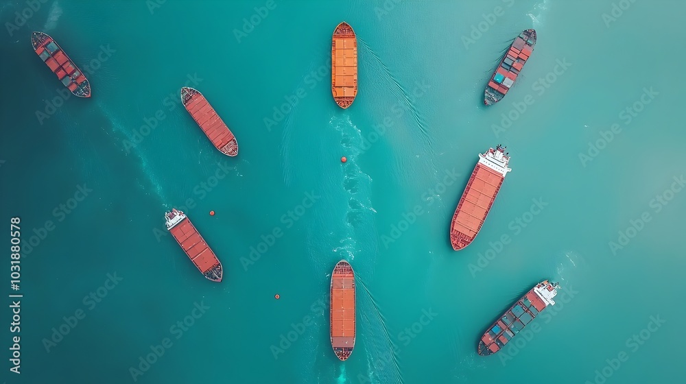 Aufkleber aerial overhead view showcasing a congested shipping lane with numerous vessels including cargo ship