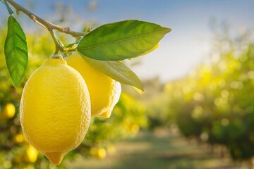 Close-up Lemon fruit (Citrus limon) hanging on tree branch with lemon plantation background 