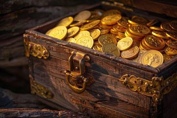 Fantastic treasure from pirate wooden chest with antique gold coins