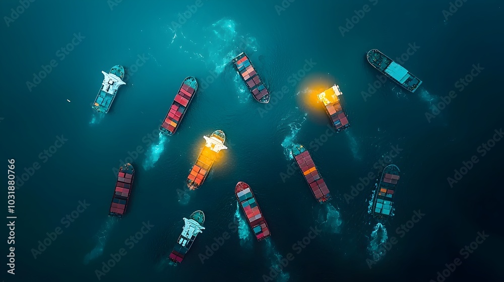 Poster aerial perspective of a congested shipping lane showcasing a queue of ships waiting to access the bu