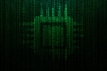 Cyber ​​processor with green binary code, technological background. CPU and GPU, concept. AI technologies. Mining and crypto, creative idea