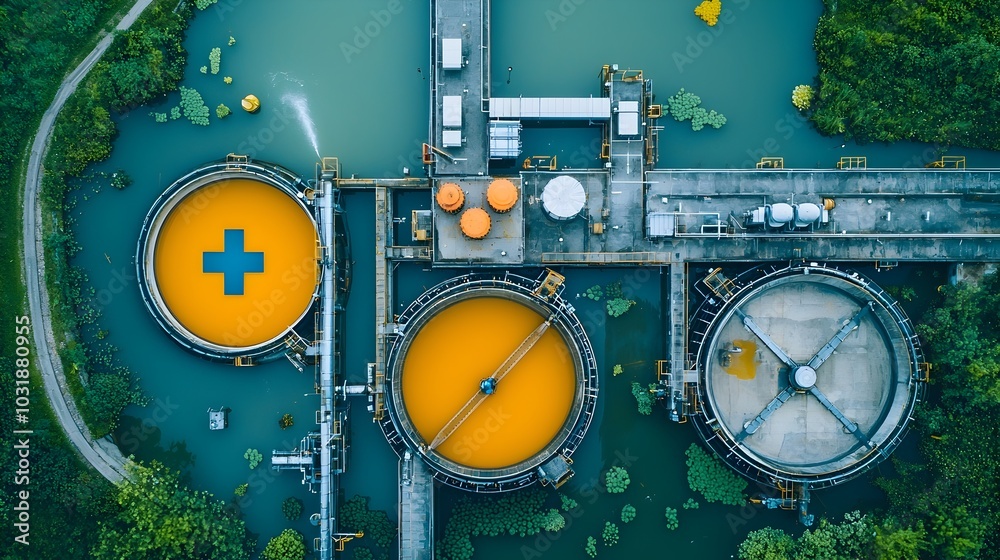 Poster aerial perspective showcasing the intricate infrastructure of a wastewater treatment plant featuring