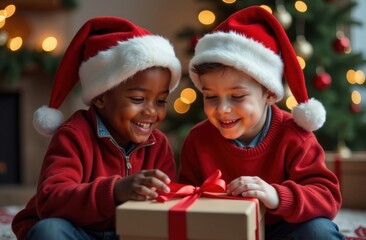 Two little boys in Santa hats, one white and one African American, unwrap Christmas presents under the tree on a festive morning. The atmosphere of New Year and Christmas