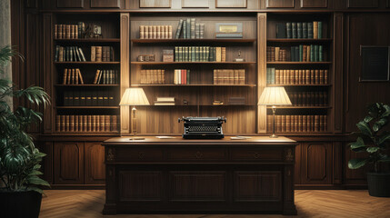 vintage lawyers office featuring dark wood desk, typewriter, and bookshelves filled with books creates classic and sophisticated atmosphere. warm lighting adds to inviting ambiance