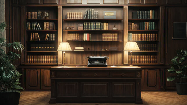 vintage lawyers office featuring dark wood desk, typewriter, and bookshelves filled with books creates classic and sophisticated atmosphere. warm lighting adds to inviting ambiance