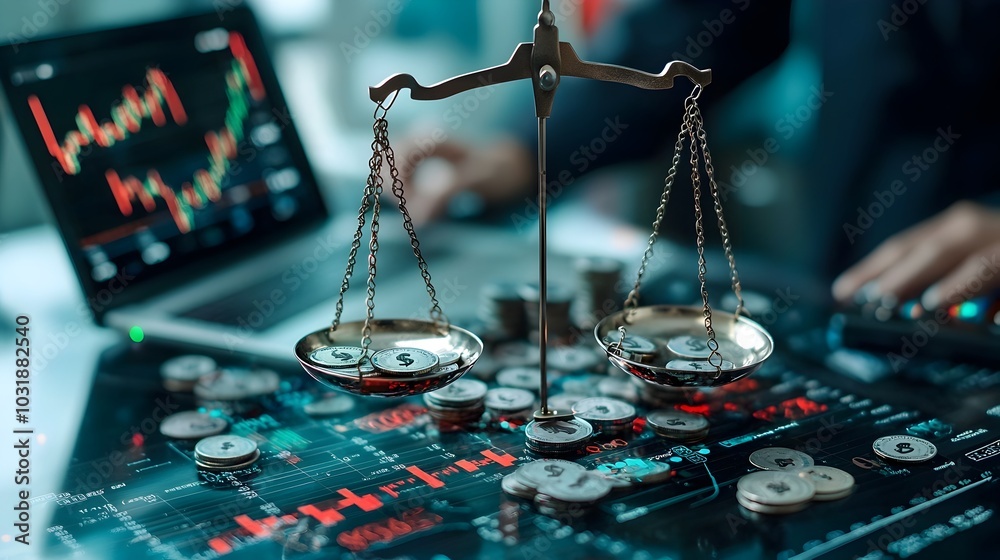 Poster Balanced financial scales with graphs on one side and currency symbols on the other representing data analysis financial planning and investment strategies