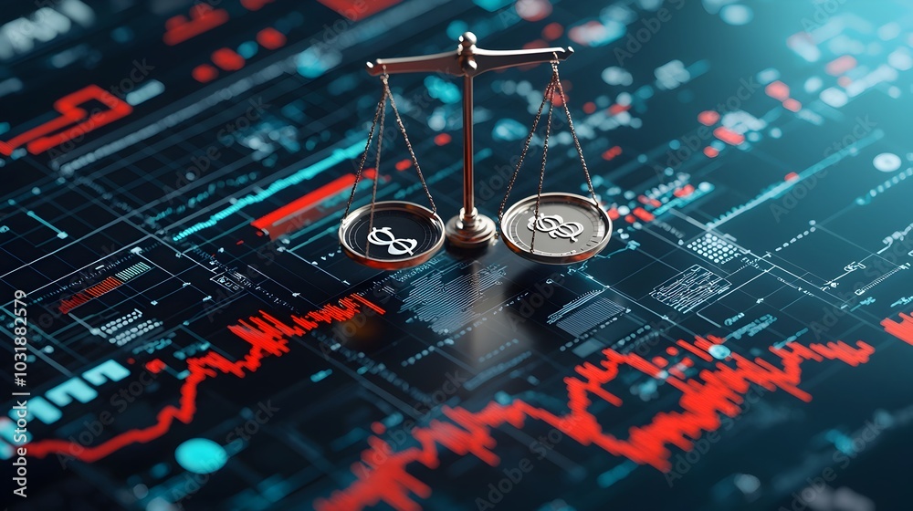 Poster balancing financial data graphs and currency symbols to represent the process of strategic analysis 