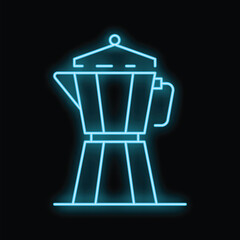 Glowing neon line italian coffee maker icon isolated on black background. Vector illustration