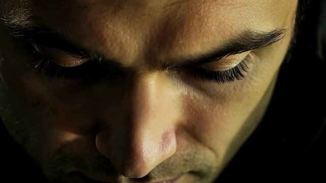 Close-up on man's face with dramatic lighting and red evil vampire eyes 