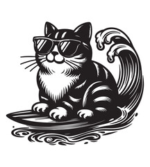 Cat surfing silhouette vector illustrations
