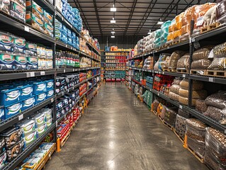 A spacious aisle in a warehouse filled with various packaged goods and supplies.