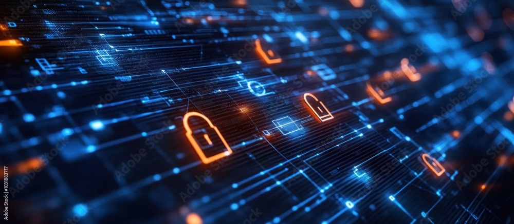 Sticker abstract digital background with glowing padlock icons on a circuit board.