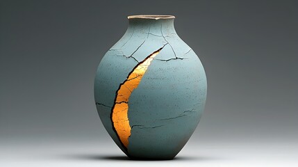 Broken ceramic vase mended with shimmering gold in the traditional Japanese art of Kintsugi symbolizing the beauty of imperfections acceptance and the ability to repair and transform