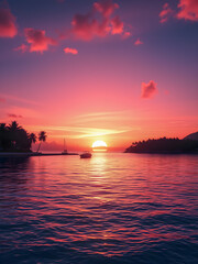 Naklejka premium Paradise island landscape. Picturesque purple pink sunset on beach palm trees silhouette ocean view. Dreamy nature scene, calmness tranquility design. Summer vacation travel destination. AI generated