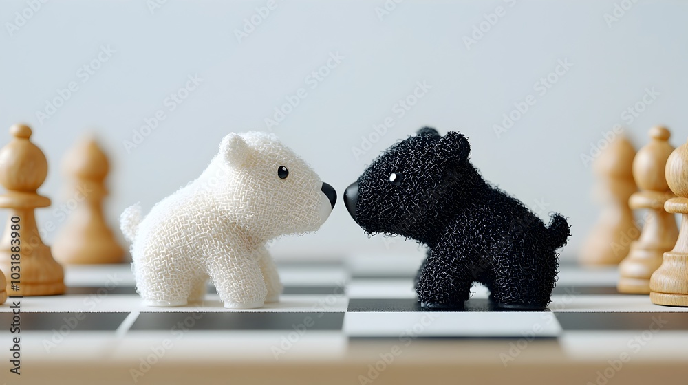 Aufkleber bull and bear figurines placed on a chess board representing the strategies and dynamics of the mark