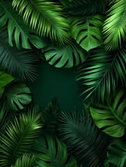 Lush green tropical jungle leaves in a 3D arrangement, creating a vibrant and exotic background.  Perfect for adding a touch of nature to your designs.