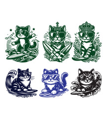 Cat surfing silhouette vector illustrations
