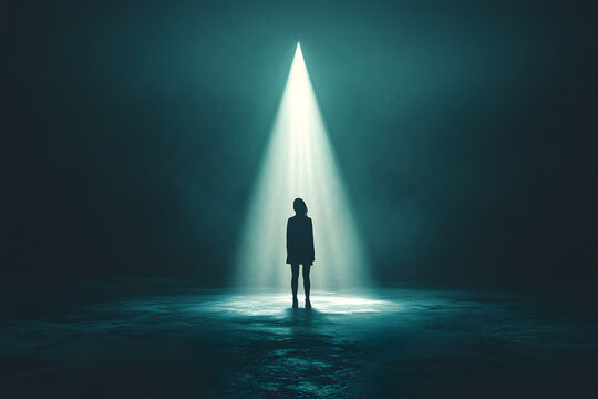 Dramatic silhouette of a lone figure in spotlight, symbolizing isolation, introspection, and mystery in a dark space. Great for themes of solitude, self-reflection, and dramatic atmosphere