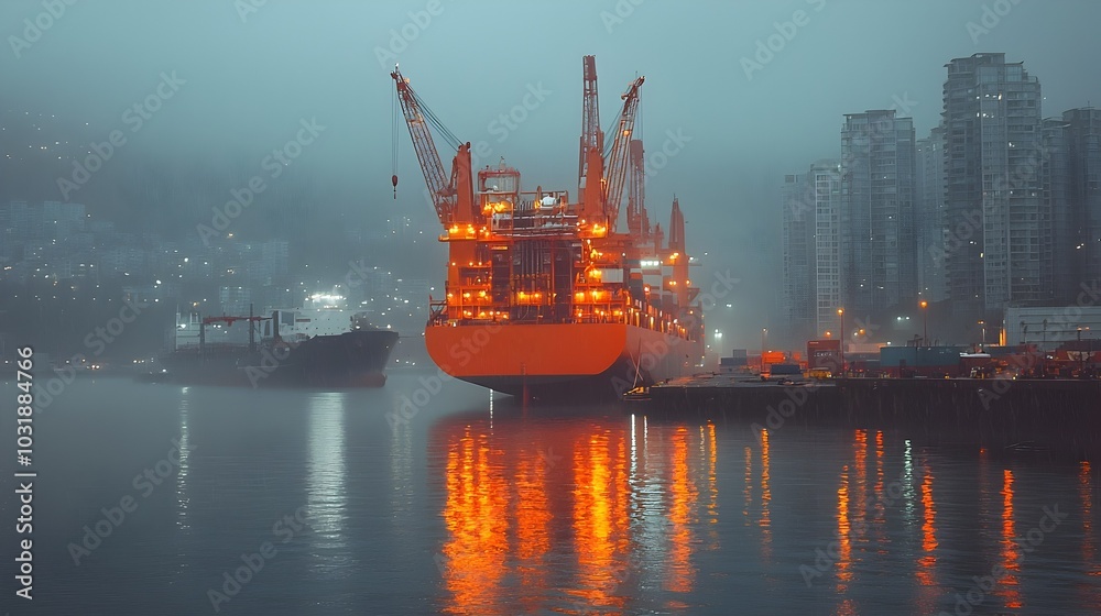 Poster captivating nighttime scene of a bustling seaport with towering illuminated cranes and docked vessel
