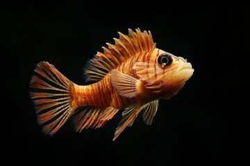 Fototapeta premium the beside view Dwarf Lionfish, left side view, white copy space on right, Isolated on dark Background
