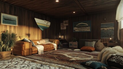 A quaint 70s boat house interior with nautical-themed decor