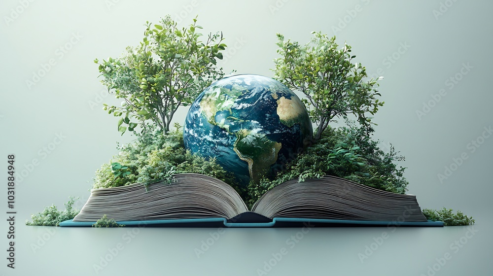 Poster clean and modern 3d rendering for world book day showcasing an open book with a vibrant globe and de
