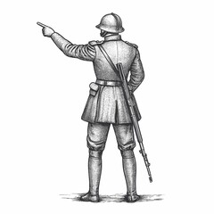 Obraz premium Tattoo Design of stern soldier, pointing directly forward, symbolizing military recruitment, duty, and patriotism sketch engraving,vector illustration