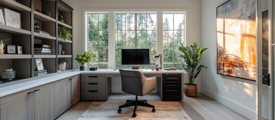 Modern home office with a large window overlooking a forest and a desk with a computer and a chair.
