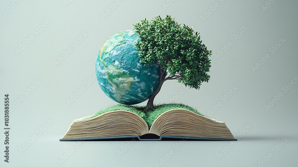Poster clean and modern 3d rendering for world book day showcasing an open book with a vibrant globe and de