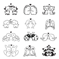 Obraz premium Set of Animal Love Clipart Design - Animal Heart love Vector illustration in black and white