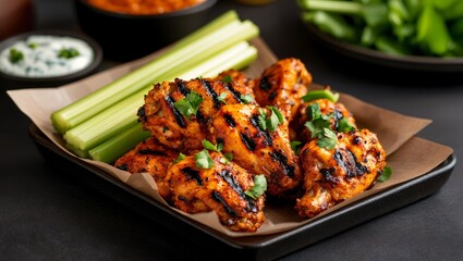 Savor the Flavors of This Delicious Grilled Chicken Wings Plated Perfectly with Celery Sticks and Dipping Sauce, Ideal for Your Next Gathering or Game Day Feast!