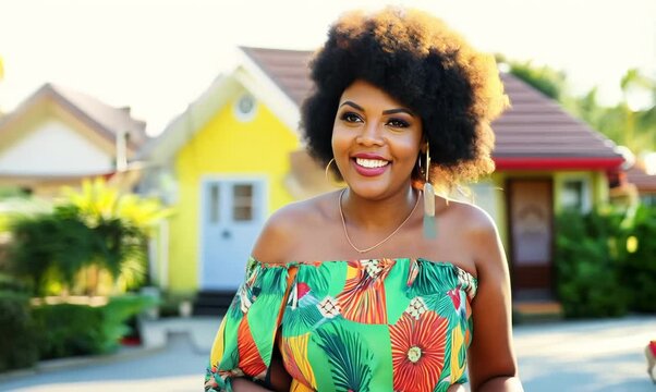 Jamaican Woman Walking Dog in Colorful Neighborhood