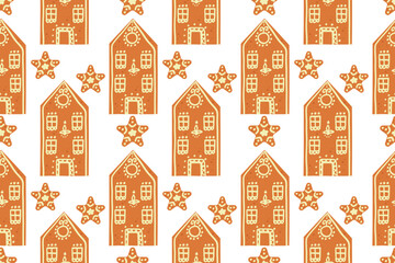 Glazed gingerbread houses seamless pattern. Traditional winter biscuit cookies with ornament. Christmas or New Year scrapbooking or wrapping paper, textile or napkin design. Vector flat illustration