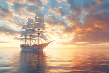 Fototapeta premium Sailboat at sunset over calm ocean, capturing serene beauty, perfect for travel, adventure, and maritime themes, inspiring peace, exploration, and nautical dreams