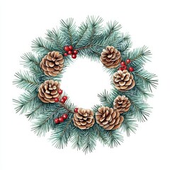 Fototapeta premium A watercolor painting of a spruce, pine cone, and holly berry Christmas wreath