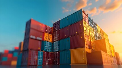 Close up of stacked shipping containers with international trade labels showcasing the logistics and transportation of goods in the global commerce and trade